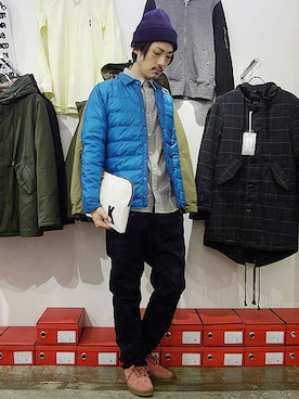 「アイテム（ダウンジャケット/コート、ブルー系）」を使った、Reggieさん（メンズ・172cm）の冬コーディネート