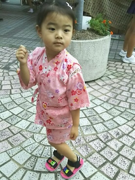 「いとこのおさがりのアイテム（浴衣、ピンク系）」を使った、てとらさん（レディース・160cm）の夏コーディネート