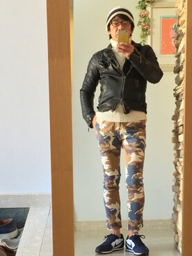 「ケーブルニット」｜「アイテム（ライダースジャケット）」を使った、SEI@ziさん（メンズ・169cm）の冬コーディネート