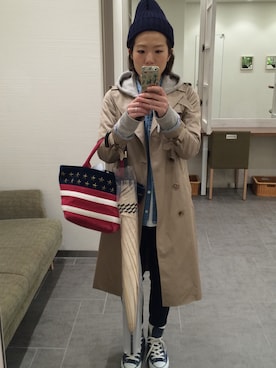 「ニットキャップ」｜「アイテム（トレンチコート）」を使った、くぼたはるかさん（レディース・158cm）の春コーディネート