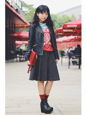 「skirt」｜「アイテム（その他アウター）」を使った、Ekee靖仪さん（レディース・158cm）の冬コーディネート