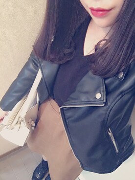 「キャメルスカート」｜「アイテム（ライダースジャケット）」を使った、みーる♛♡﻿さん（レディース・156cm）の秋コーディネート