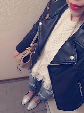 「ORiental TRaffic(ORiental TRaffic)」｜「アイテム（ライダースジャケット）」を使った、みーる♛♡﻿さん（レディース・156cm）の冬コーディネート
