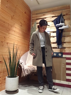 「ウールパンツ」｜「アイテム（帽子）」を使った、ERINA  TAMOTSUさん（レディース・153cm）の冬コーディネート