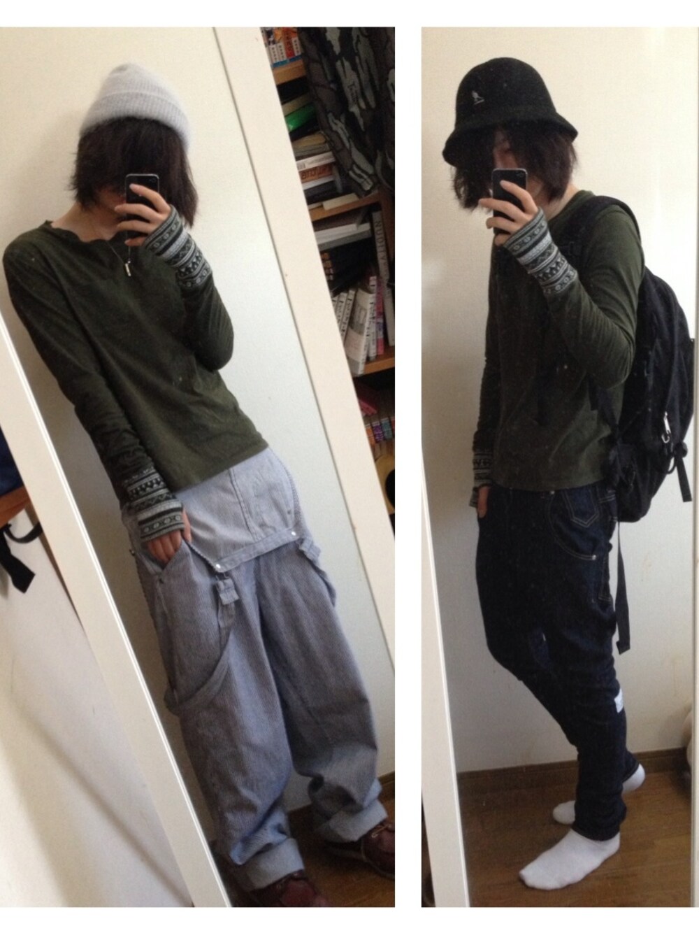「古着、オーバーオール、サルエルパンツ、KANGOL、jieda、ヒッコリー、ロングTシャツ」｜「KANGOLのWEGO/KANGOL BERMUDACASUAL（ハット、ブラック系）」を使った、鳥クズさん（メンズ・175cm）の夏コーディネートの1枚目の写真