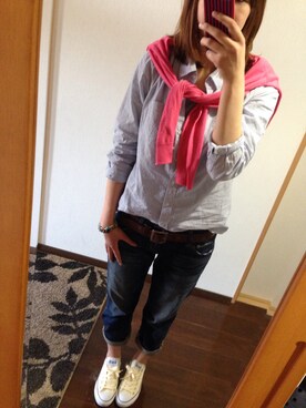 「GAP（ギャップ）のアイテム（シャツ/ブラウス、ブルー系）」を使った、まる○さん（レディース・168cm）の春コーディネート