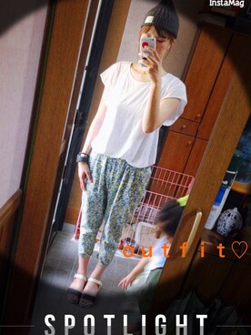 「GLOBAL WORK（グローバルワーク）のアイテム（その他パンツ、ブルー系）」を使った、まる○さん（レディース・168cm）の夏コーディネート