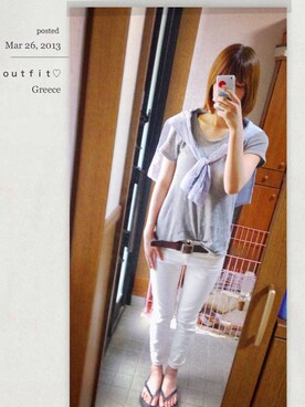 「GAP（ギャップ）のアイテム（シャツ/ブラウス、ブルー系）」を使った、まる○さん（レディース・168cm）の夏コーディネート