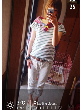 「earth music&ecology（アースミュージックアンドエコロジー）のアイテム（Tシャツ/カットソー、ホワイト系）」を使った、まる○さん（レディース・168cm）の夏コーディネート