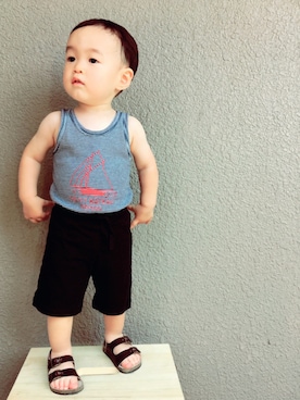 「アイテム（ロンパース、ブラック系）」を使った、pochotaroさん（キッズ・80cm）の夏コーディネート