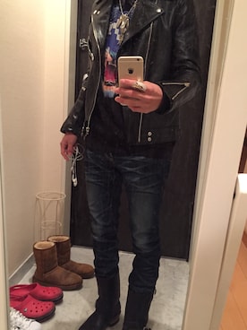 「JACKROSE（ジャックローズ）のカウオイルレザーダブルライダース（ライダースジャケット）」を使った、Ryuseiさん（メンズ・168cm）の春コーディネート