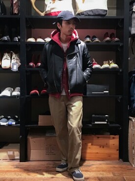 「HVC（エイチブイシー）のアイテム（ライダースジャケット）」を使った、GGD町田店さん（メンズ・172cm）の秋コーディネート