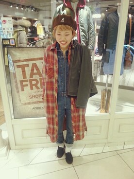 「アイテム（シャツワンピース、レッド系）」を使った、imaiさん（レディース・157cm）の冬コーディネート