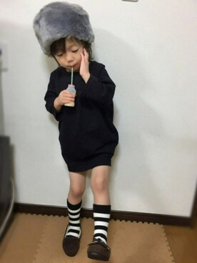 「ボーダーソックス」｜「アイテム（モカシン/デッキシューズ）」を使った、hinataさん（キッズ・100cm）の秋コーディネート