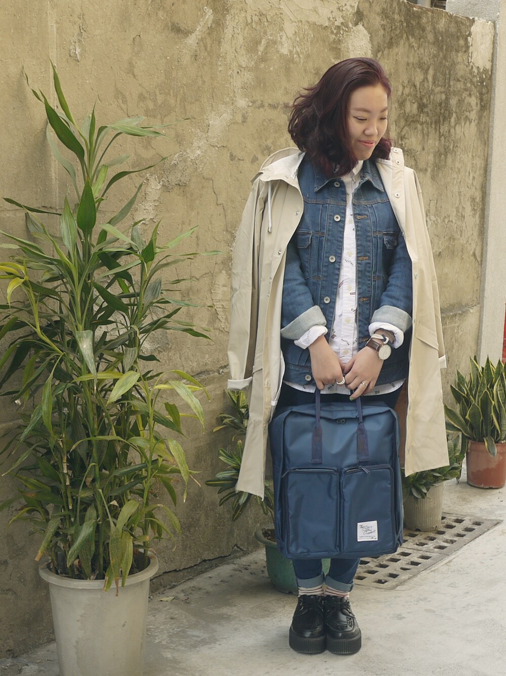 「plain-me、Tainan」｜「grnの水洗仿舊牛仔外套（デニムジャケット、ブルー系）」を使った、plain-me_tnさん（レディース・155cm）の冬コーディネートの1枚目の写真