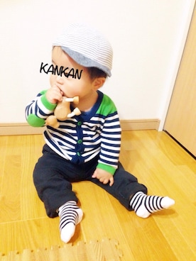 「アイテム（ママ＆ベビー、ブルー系）」を使った、KANKANさん（キッズ・70cm）の春コーディネート