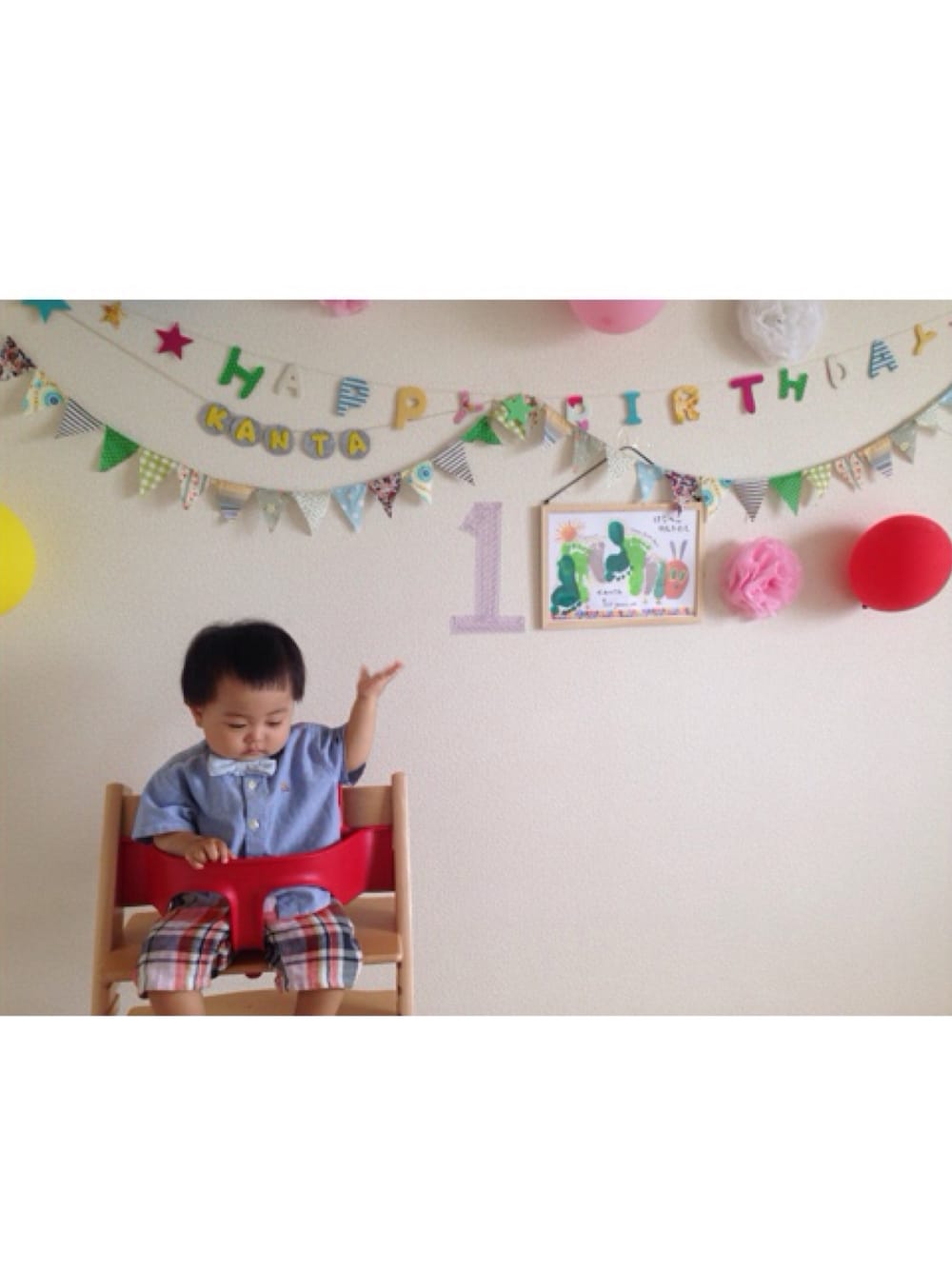 「誕生日、1歳、蝶ネクタイ」｜「babyGAPのアイテム（シャツ/ブラウス、ブルー系）」を使った、KANKANさん（キッズ・70cm）の夏コーディネートの1枚目の写真