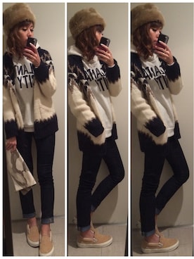 「カウチンセーター」｜「アイテム（クラッチバッグ）」を使った、asmさん（レディース・161cm）の冬コーディネート