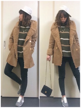 「スウエットパンツ」｜「アイテム（ムートンコート）」を使った、asmさん（レディース・161cm）の冬コーディネート