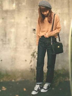 「ハイウエストパンツ」｜「アイテム（ハンチング/ベレー帽）」を使った、花*さん（レディース・160cm）の秋コーディネート