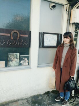 「Re:EDIT（リエディ）のアイテム（チェスターコート、ブラウン系）」を使った、MADOKAさん（レディース・161cm）の冬コーディネート