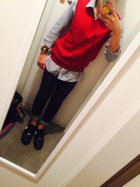 「アイテム（ベスト、レッド系）」を使った、A15さん（レディース・155cm）の秋コーディネート