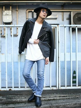 「カットオフ」｜「アイテム（ライダースジャケット）」を使った、nano・universe men's STAFFさん（メンズ・173cm）の秋コーディネート