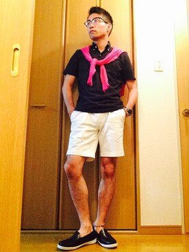 「膝上ショーツ」｜「アイテム（モカシン/デッキシューズ）」を使った、yu-ki-marutaさん（メンズ・165cm）の夏コーディネート
