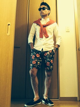 「膝上ショーツ」｜「アイテム（モカシン/デッキシューズ）」を使った、yu-ki-marutaさん（メンズ・165cm）の夏コーディネート