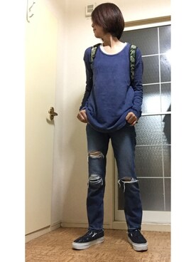 「GAP（ギャップ）のアイテム（Tシャツ/カットソー、ブルー系）」を使った、ミイさん（レディース・158cm）の秋コーディネート