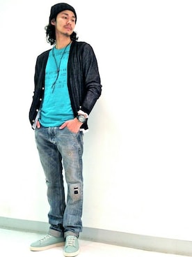 「DIESEL（ディーゼル）のK-VESTA SWEATER（カーディガン/ボレロ、ブラック系）」を使った、Yamadamotoki1さん（メンズ・177cm）の夏コーディネート