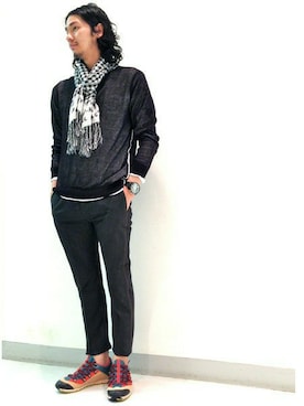 「DIESEL（ディーゼル）のK-PLUTONE SWEATER（ニット/セーター、ブラック系）」を使った、Yamadamotoki1さん（メンズ・177cm）の夏コーディネート