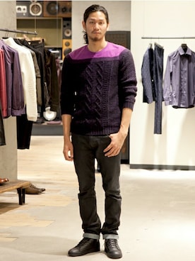 「DIESEL（ディーゼル）のK-BOOTE SWEATER（ニット/セーター、パープル系）」を使った、Yamadamotoki1さん（メンズ・177cm）の秋コーディネート