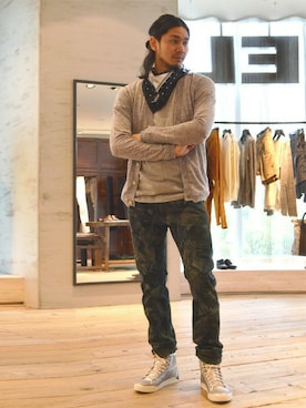 「DIESEL（ディーゼル）のT-NETRA MAGLIETTA（Tシャツ/カットソー、グレー系）」を使った、Yamadamotoki1さん（メンズ・177cm）の夏コーディネート