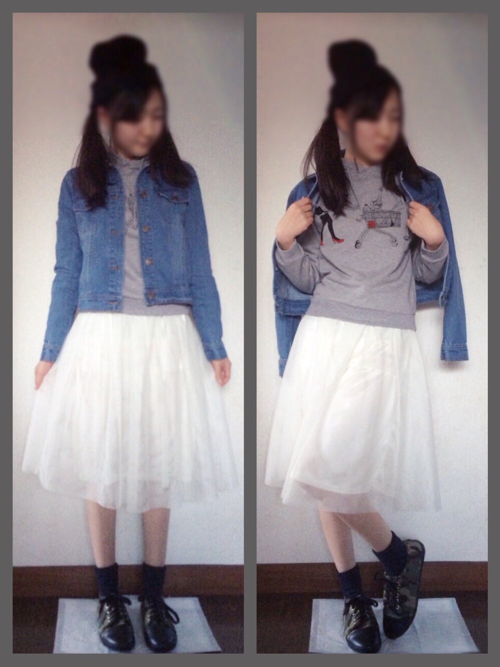 ブルー系のデニムジャケット、グレー系のスウェット、ホワイト系のスカートを着用したレディースの冬コーディネートの1枚目の写真