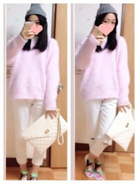 「しまむら（シマムラ）のアイテム（ニット/セーター、ピンク系）」を使った、ai.【J】さん（レディース・157cm）の冬コーディネート