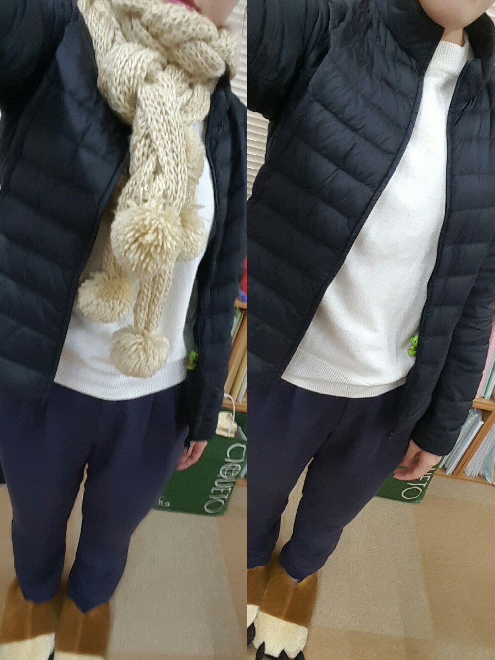 ブルー系のその他パンツ、ホワイト系のニット/セーター、ブラック系のダウンジャケット/コートを着用したレディースの冬コーディネートの1枚目の写真