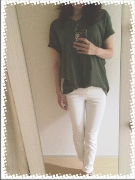 「UNIQLO（ユニクロ）のアイテム（Tシャツ/カットソー、グリーン系）」を使った、riiiさん（レディース・157cm）の夏コーディネート