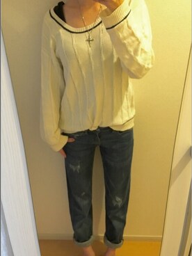 「しまむら（シマムラ）のアイテム（ニット/セーター、ホワイト系）」を使った、riiiさん（レディース・157cm）の秋コーディネート