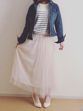 「しまむら（シマムラ）のアイテム（ニット/セーター、ホワイト系）」を使った、riiiさん（レディース・157cm）の春コーディネート