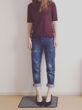 「UNIQLO（ユニクロ）のアイテム（デニムパンツ、ブルー系）」を使った、riiiさん（レディース・157cm）の秋コーディネート