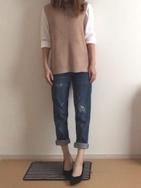 「UNIQLO（ユニクロ）のアイテム（デニムパンツ、ブルー系）」を使った、riiiさん（レディース・157cm）の秋コーディネート