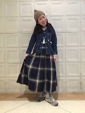 「タータンチェック」｜「アイテム（ニットキャップ/ビーニー）」を使った、マミッコさん（レディース・152cm）の冬コーディネート