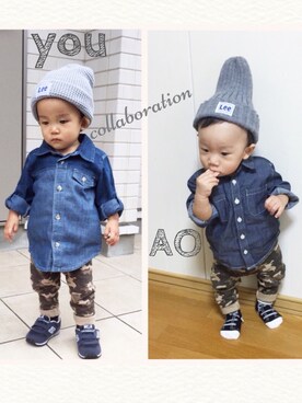 「アイテム（ママ＆ベビー、グリーン系）」を使った、AOさん（キッズ・70cm）の秋コーディネート