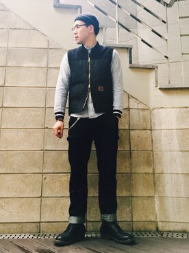 「Carhartt WIP（カーハートダブリューアイピー）のアイテム（ダウンベスト）」を使った、Kinam Kimさん（メンズ・183cm）の春コーディネート