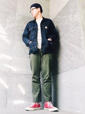 「BRIXTON（ブリクストン）のアイテム（パンツ）」を使った、Kinam Kimさん（メンズ・183cm）の春コーディネート
