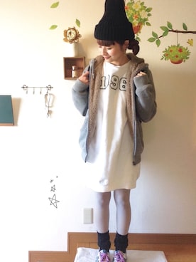 「タイツ×靴下」｜「アイテム（ニットキャップ/ビーニー）」を使った、chimochiiさん（レディース・152cm）の冬コーディネート