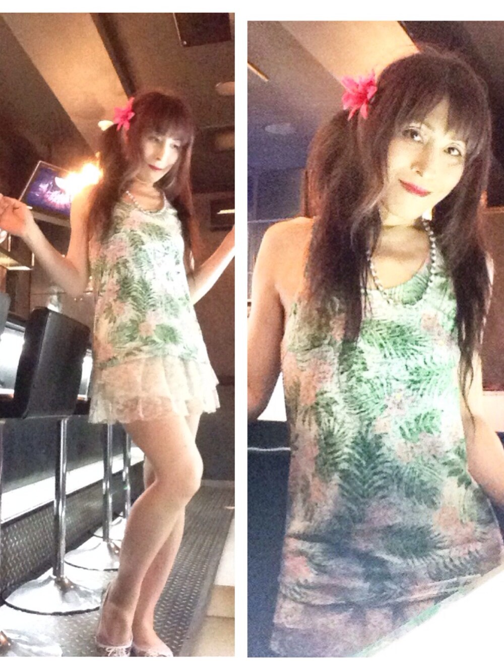 「パンプス、花柄、メッシュ、チュチュスカート、ジャングル花柄」｜「H&M DIVIDEDの花柄メッシュタンク（タンクトップ、グリーン系）」を使った、冬野二葉さん（メンズ・168cm）の夏コーディネートの1枚目の写真