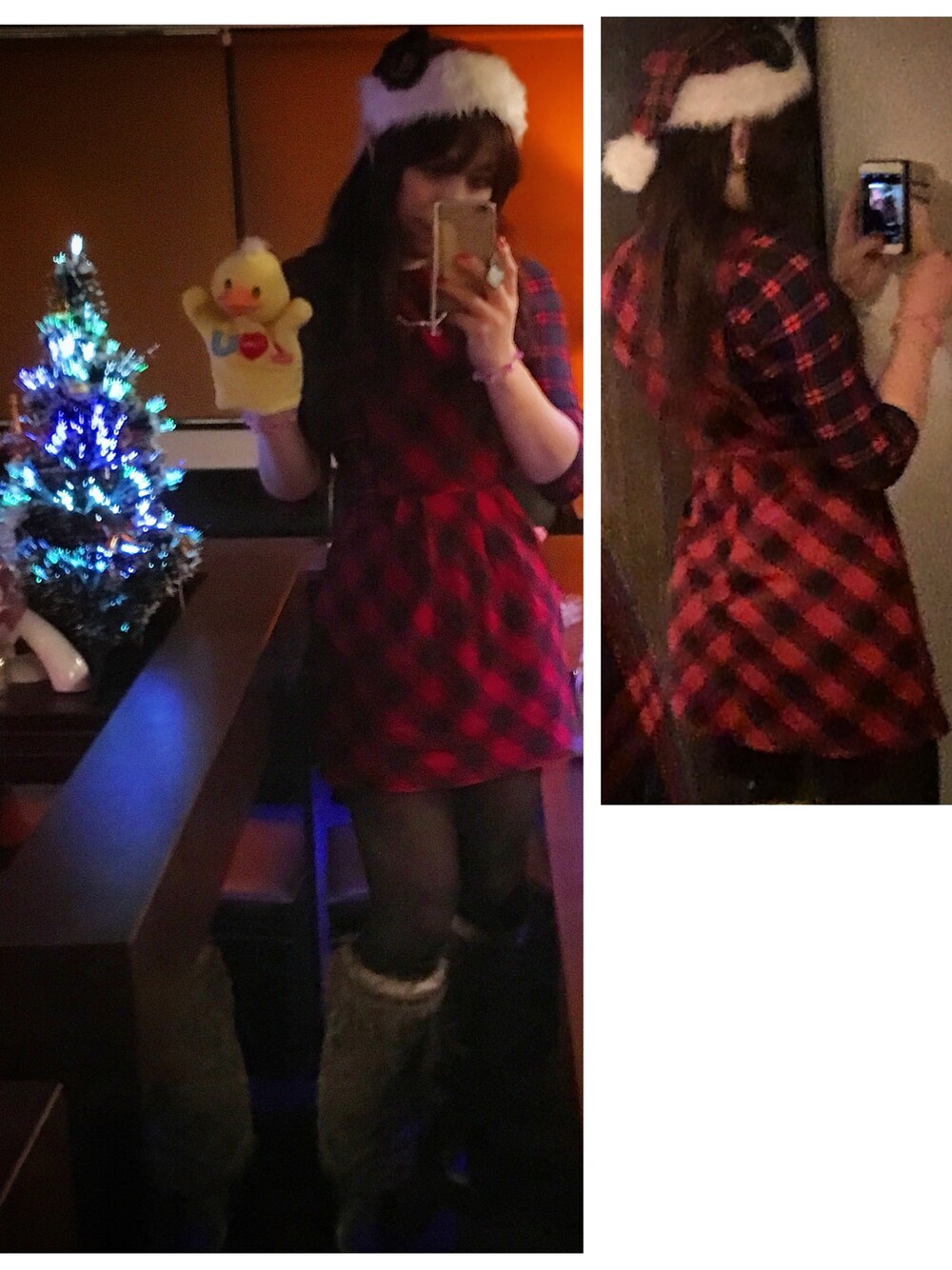 「チェック、チェックスカート、チェックシャツ、チェック帽子、クリスマス、赤」｜「FOREVER 21のチェック柄ジャンパースカート（ワンピース、レッド系）」を使った、冬野二葉さん（メンズ・168cm）の冬コーディネートの1枚目の写真