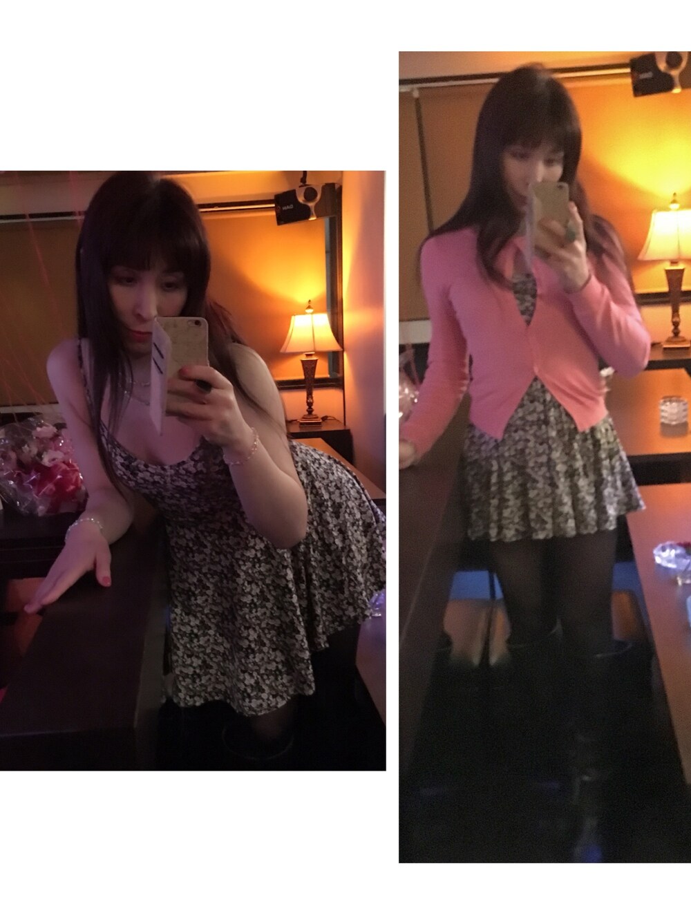 「春コーデ、冬コーデ、カーディガン、花柄、キャミワンピ、ワンピース、ロングブーツ、ハイウエスト」｜「H&Mのカーディガン（カーディガン/ボレロ、ピンク系）」を使った、冬野二葉さん（メンズ・168cm）の春コーディネートの1枚目の写真